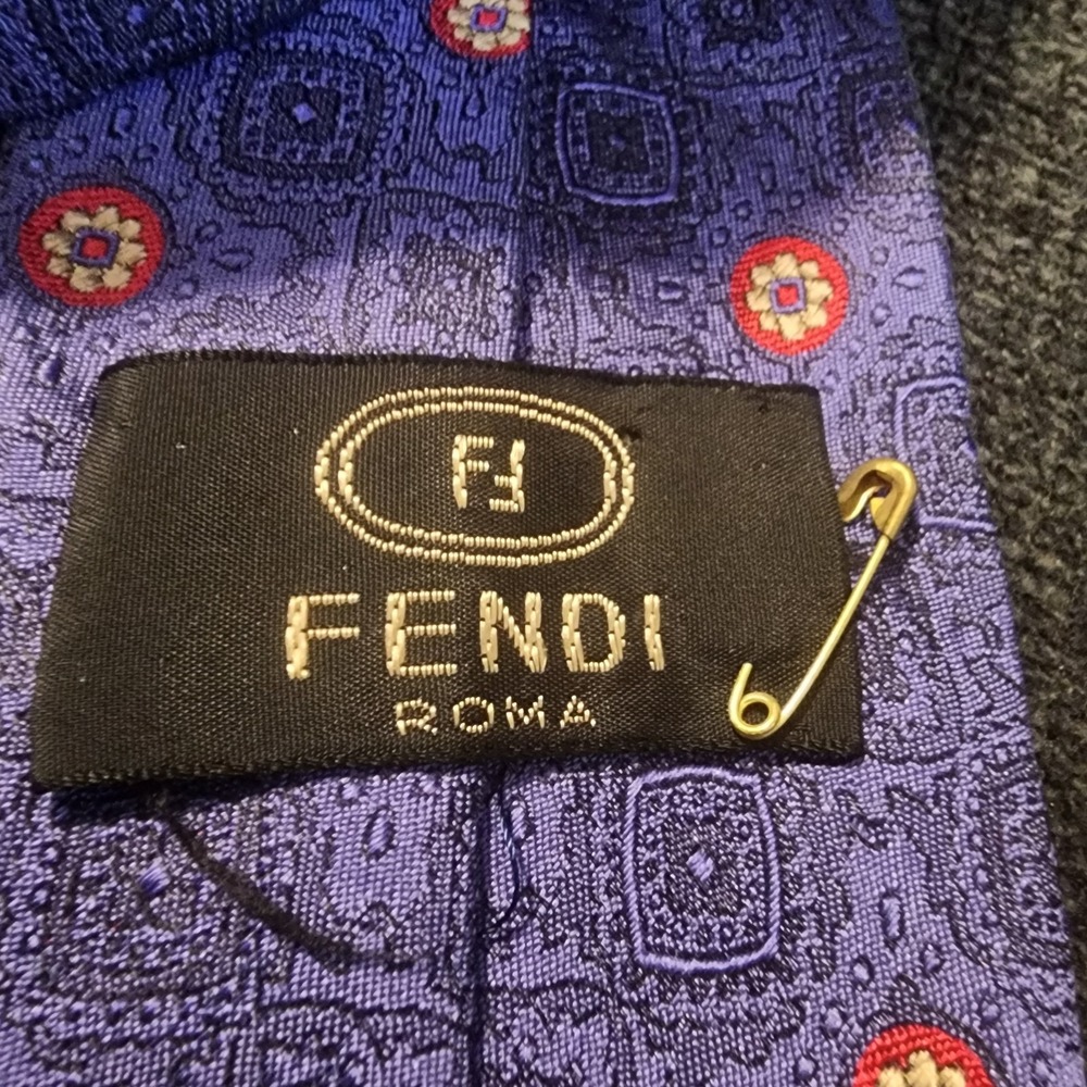 Vtg Fendi Roma‎ Tie 59" Red Blue/Purple Black Yellow Print Silk Italy - Picture 2 of 10